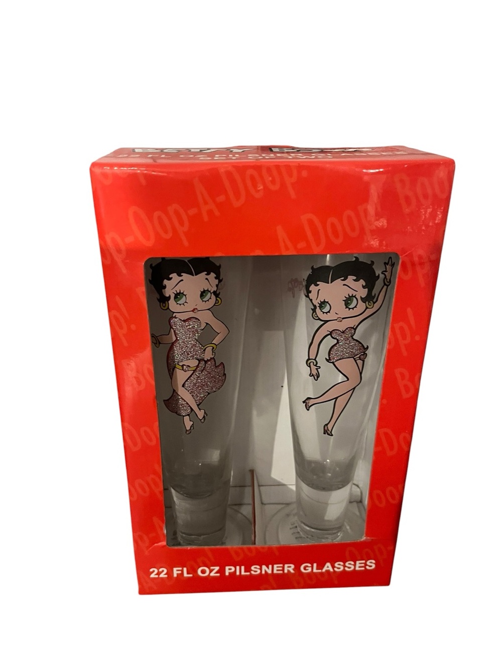 Betty Boop Set of 2 22 FL oz Pilsner Glasses 3E Trading Glitter Footed NIB